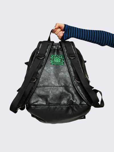 Vegan leather backpack in black with 3D spikes and buckles details