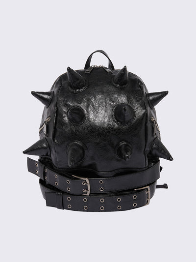 Vegan leather backpack in black with 3D spikes and buckles details