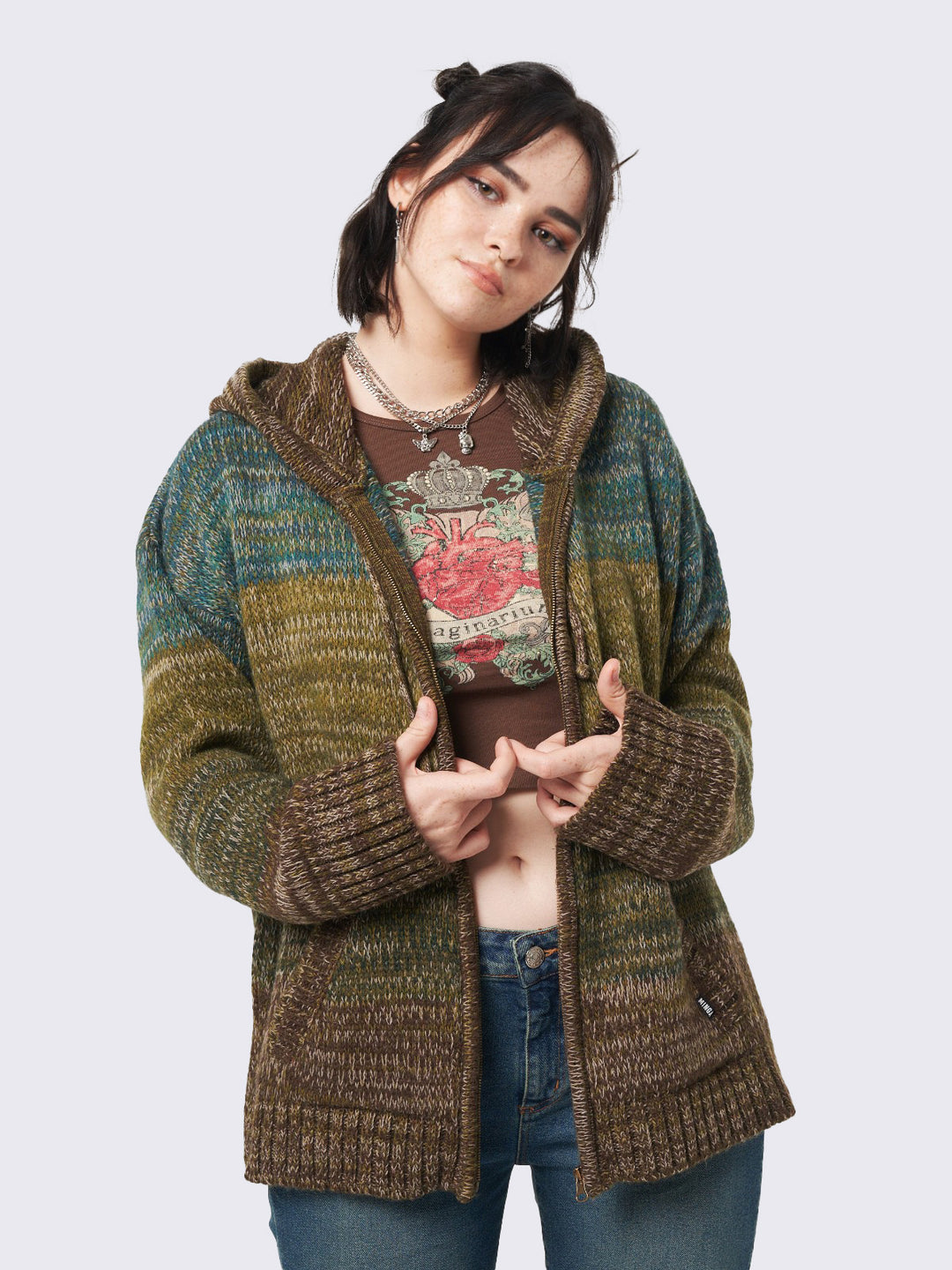 Green Oversized Striped Knitted Zip-Up Hoodie - Vintage