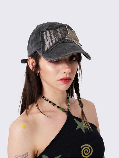 Washed Black Distressed Baseball Cap With Star Patch