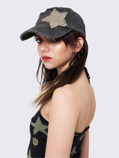 Washed Black Distressed Baseball Cap With Star Patch