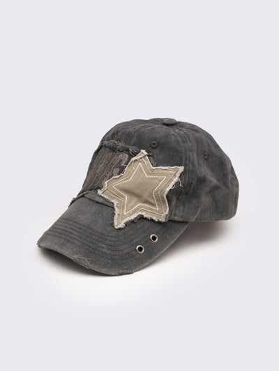 Washed Black Distressed Baseball Cap With Star Patch