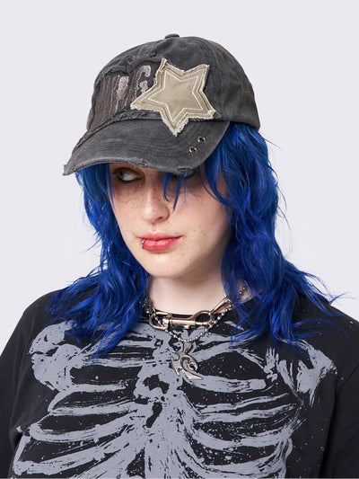 Washed Black Distressed Baseball Cap With Star Patch