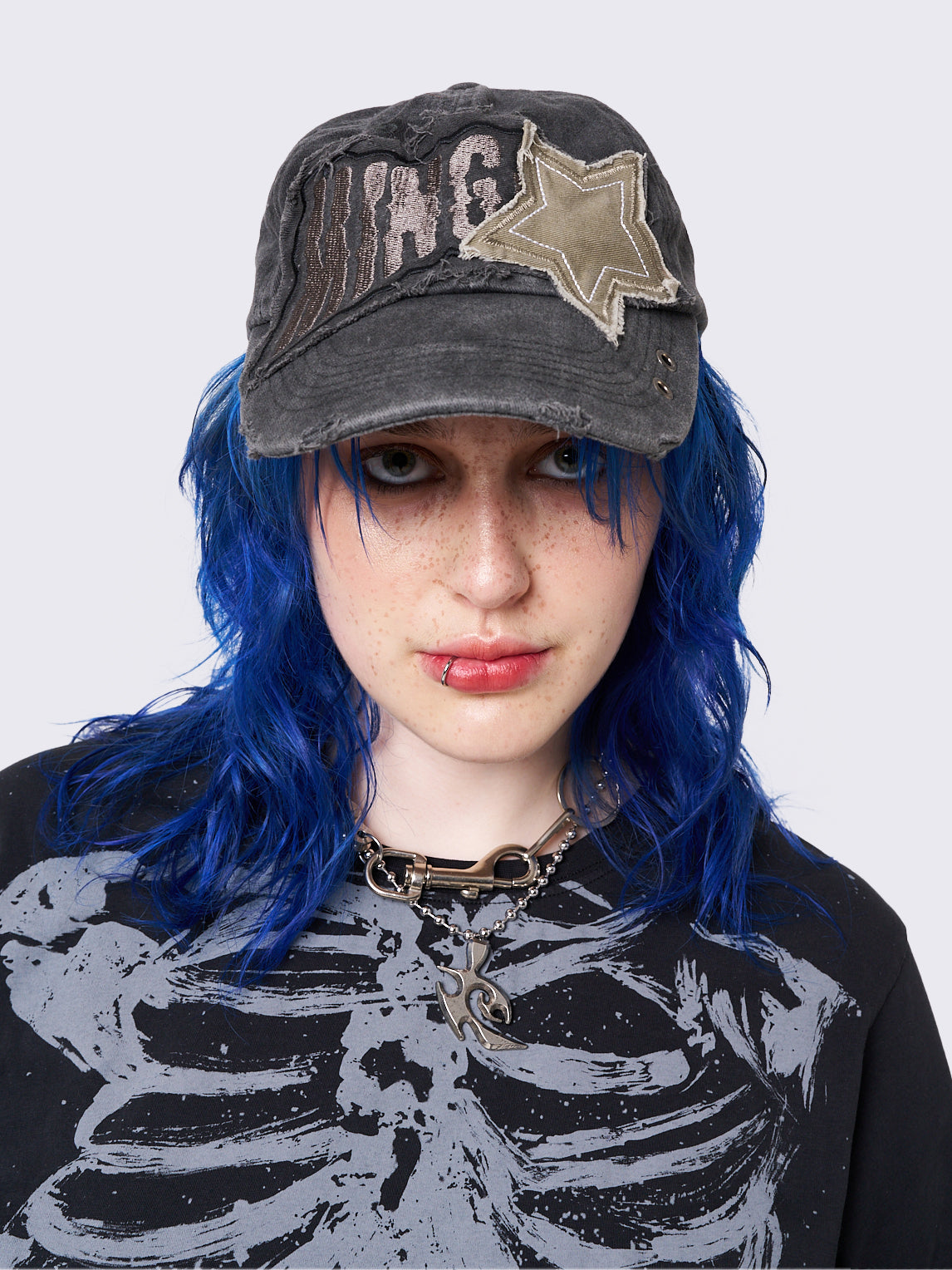 Washed Black Distressed Baseball Cap With Star Patch