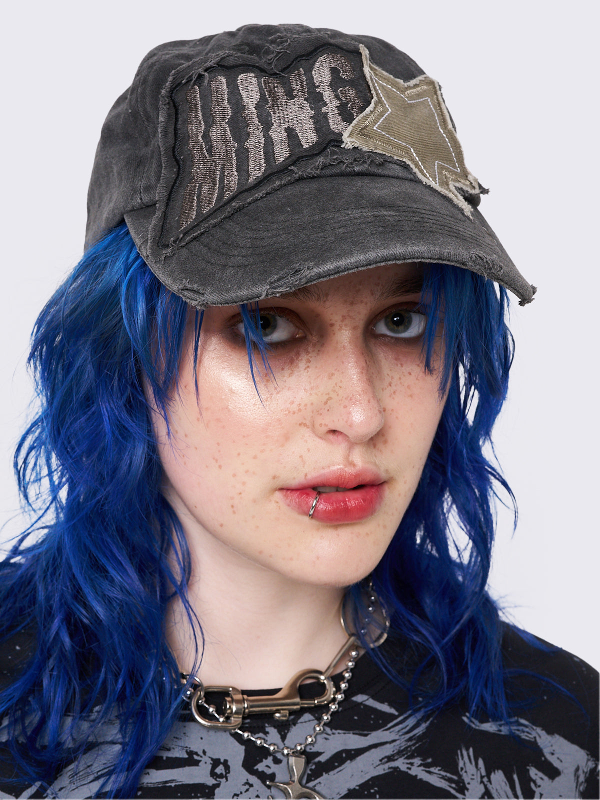 Washed Black Distressed Baseball Cap With Star Patch