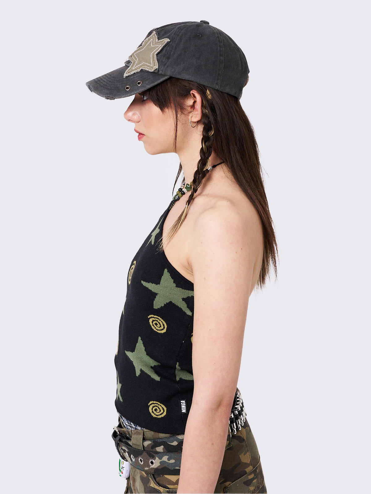 Washed Black Distressed Baseball Cap With Star Patch