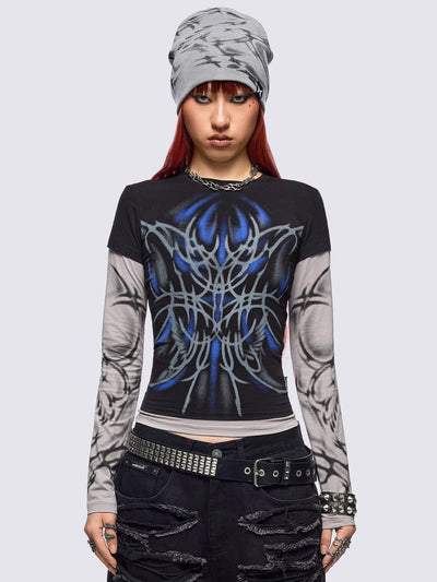 Black layered long sleeve top with grey contrast sleeves featuring a graphic print by cold𝐹33t designer.