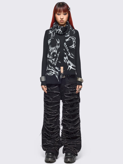 Black knitted scarf  with cyber sigilism graphic print by cold𝐹33t.