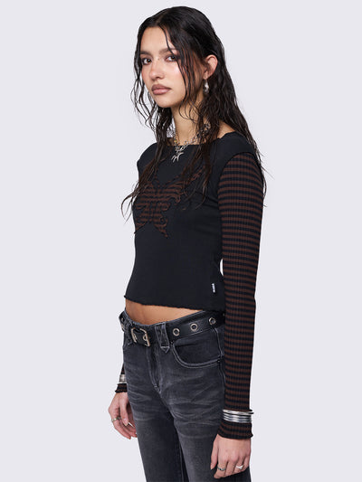 Long sleeve top in black featuring contrast sleeves in brown and black ribbed stripes and front striped butterfly patch