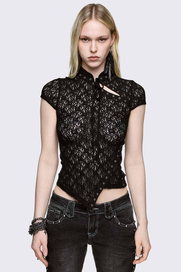 Black Sheer Lace Top With Eyelets | Minga London