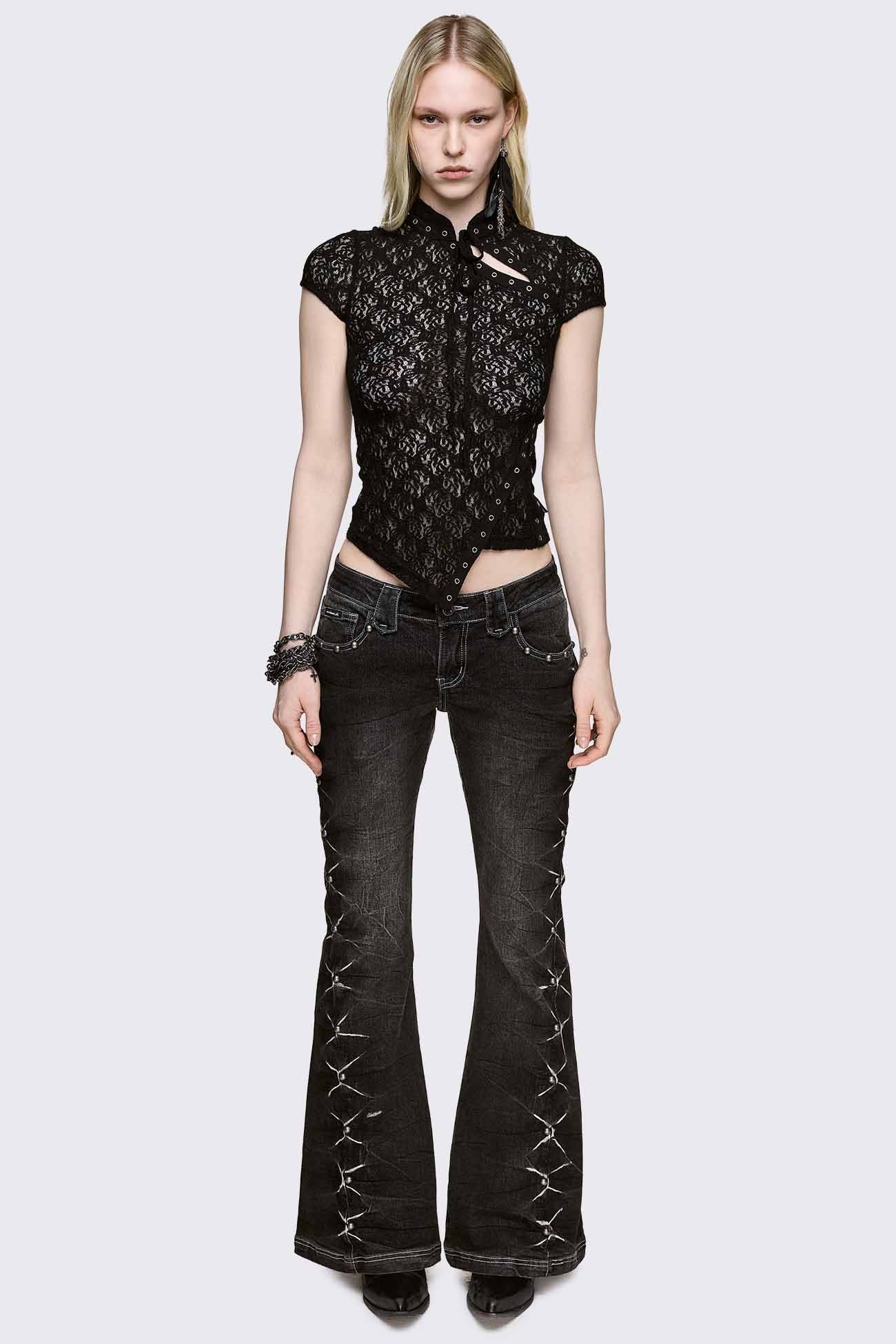 Black sheer lace top in polyester blend with eyelet trim, mandarin collar, and asymmetrical hem in a goth vibe.