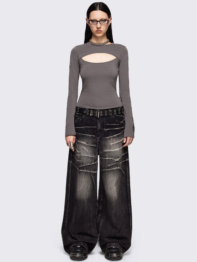 Grey cut-out long sleeve top with chunky silver eyelets on sleeves.