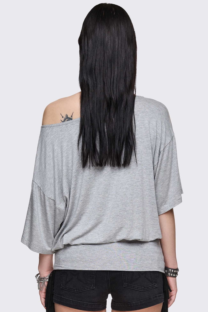 Grey Marl Off-Shoulder Top with Graphic Print | Minga London
