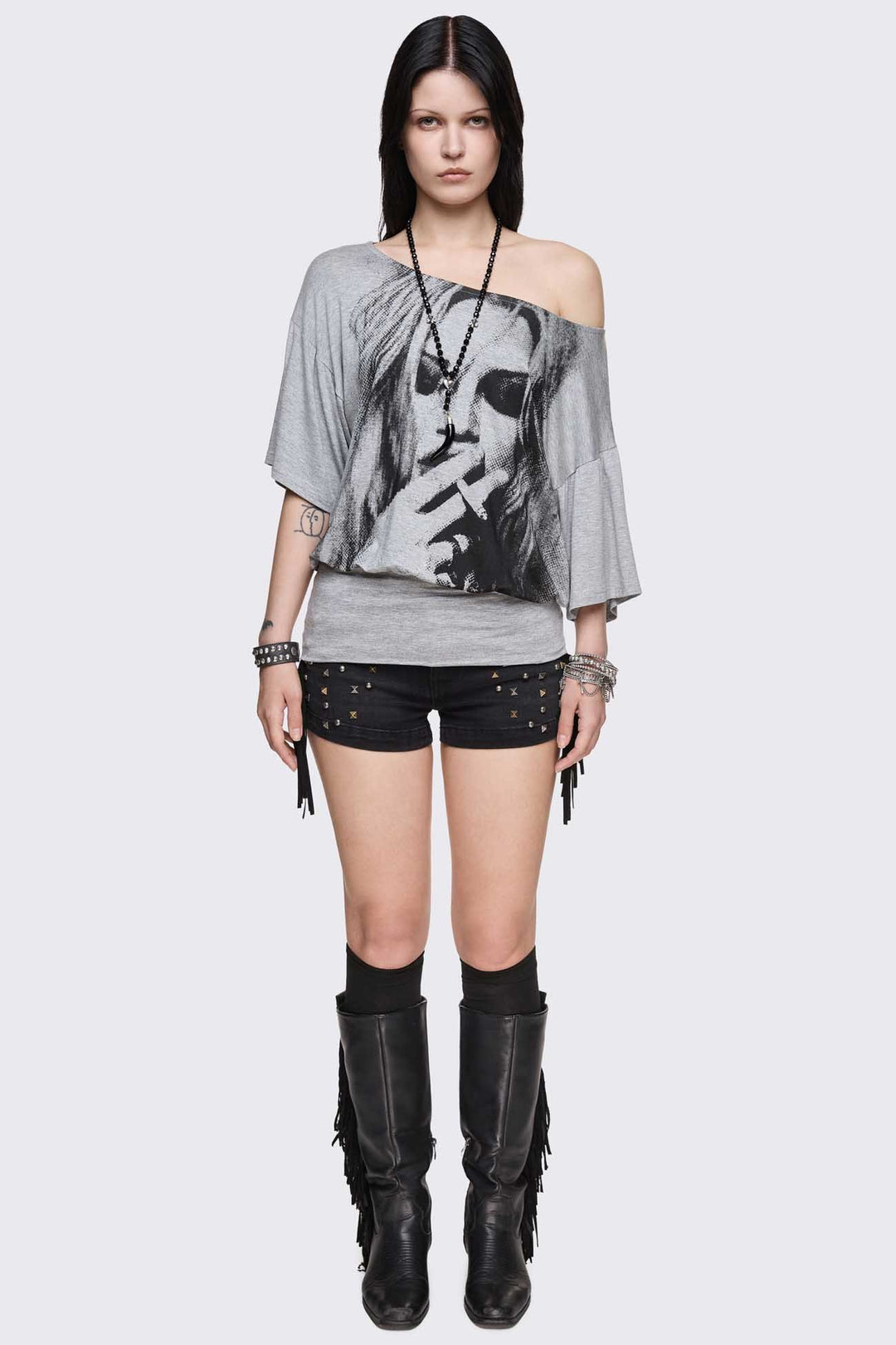 Grey Marl Off-Shoulder Top with Graphic Print | Minga London