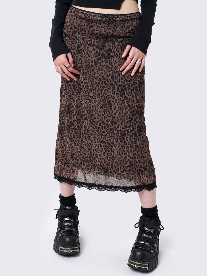 Leopard midi skirt lace trim hotsell