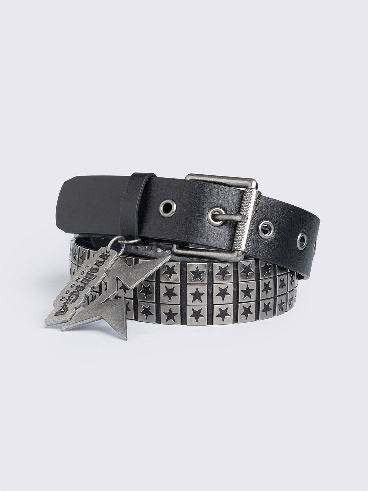 Black vegan leather buckle belt with silver studs in star design. 