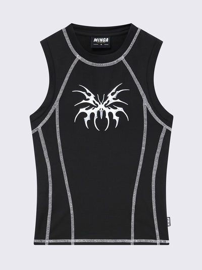 Tank top in black featuring contrast stitching in off white and butterfly metal embossed front print. 