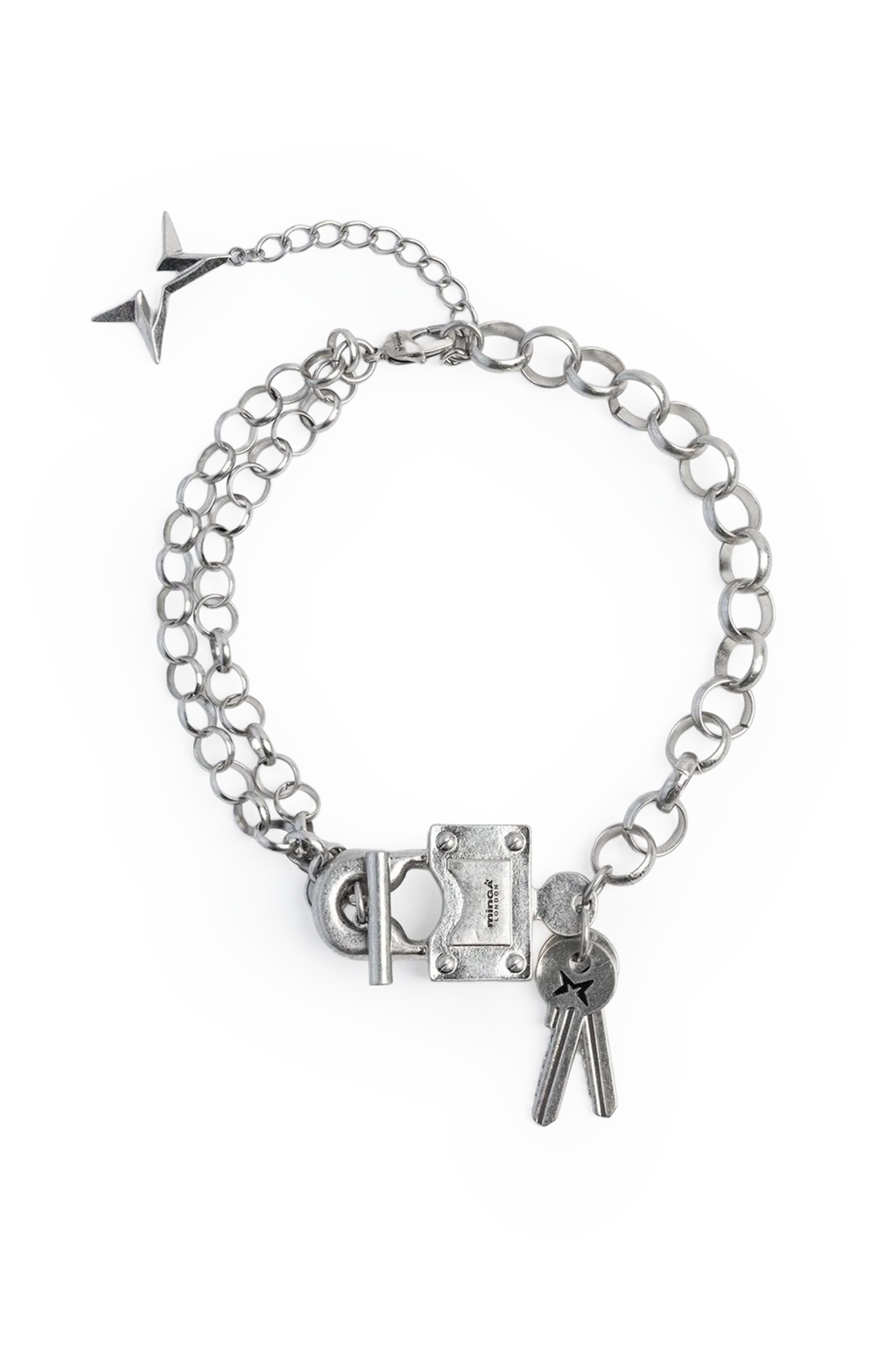 Chunky necklace in antique silver with padlock and keys charms, chain-link detail and grunge vibe.