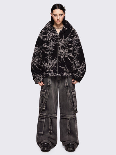 Black fleece borg hoodie jacket with all over grey thorns design.