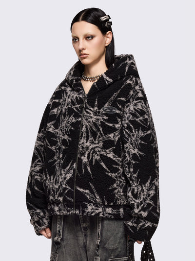 Black fleece borg hoodie jacket with all over grey thorns design.