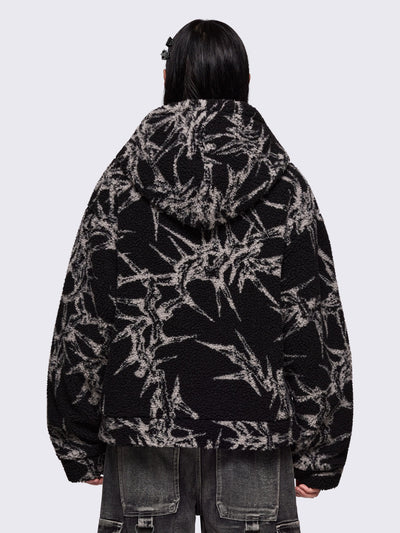 Black fleece borg hoodie jacket with all over grey thorns design.