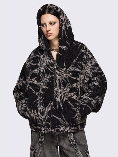 Black fleece borg hoodie jacket with all over grey thorns design.