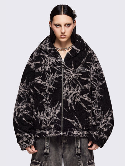 Black fleece borg hoodie jacket with all over grey thorns design.