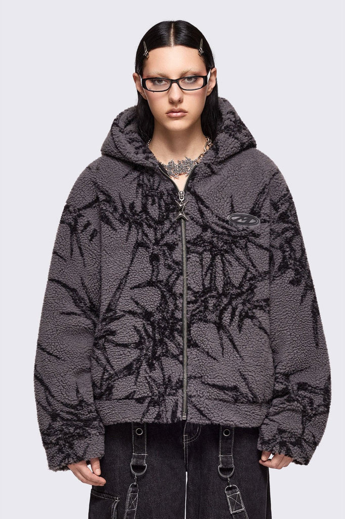Ꙗ*様 Veronica グレーパーカー Grey Borg Fleece Jacket with Black Thorns Print | Minga London