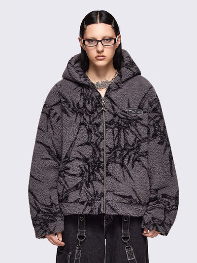 Grey fleece hoodie jacket featuring all over black thorns design.