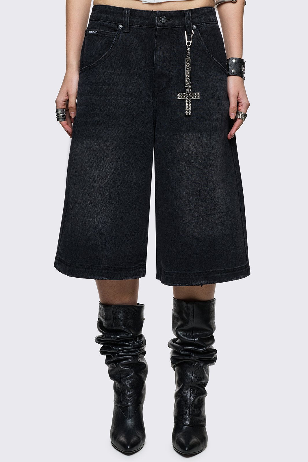 Black washed baggy jorts with keychain and distressed details. 