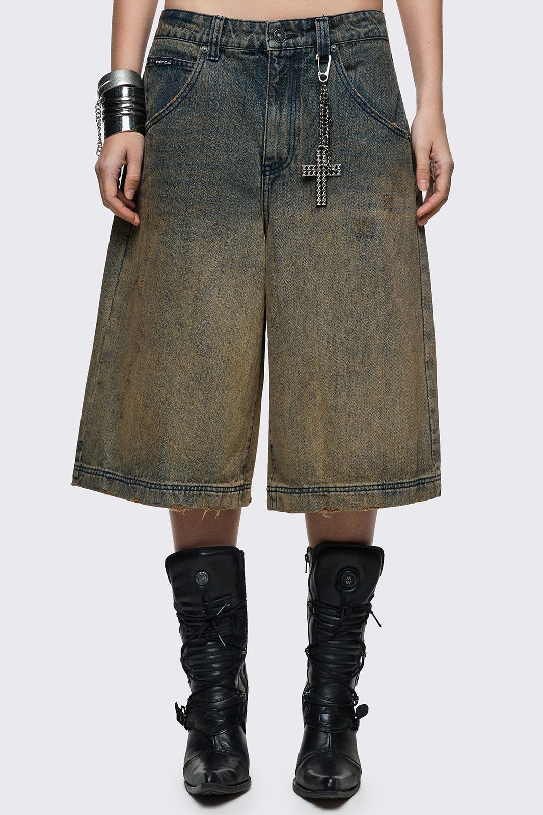 Blue and brown degrade jorts with keychain and distressed details. 