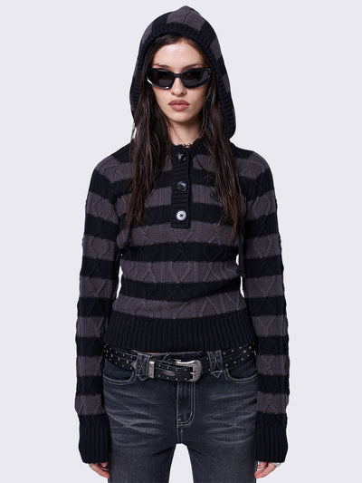 Cable-knit hooded jumper with grey and black stripes, featuring a half-button placket for added detail.