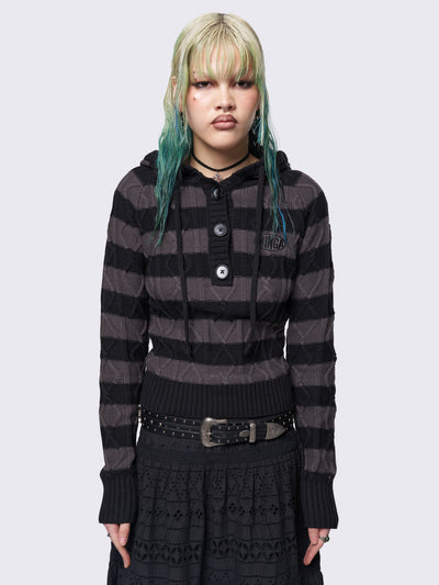 Cable-knit hooded jumper with grey and black stripes, featuring a half-button placket for added detail.