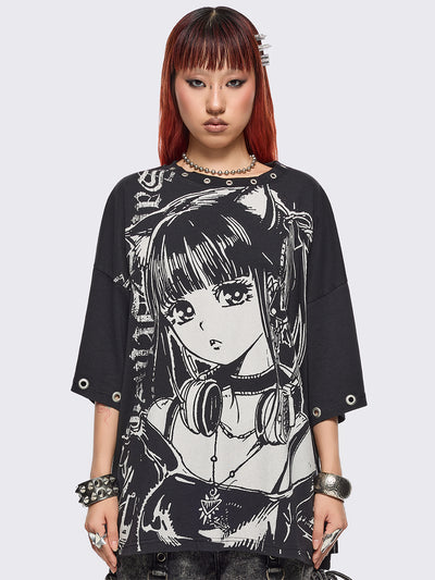 Black oversized t-shirt with anime girl graphic front print and silver eyelets trims.