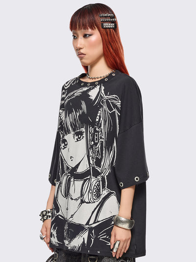 Black oversized t-shirt with anime girl graphic front print and silver eyelets trims.