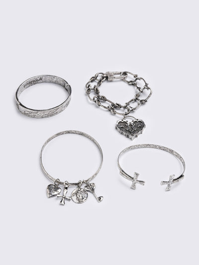 Set of 4 bracelets with cross design and heart pendants