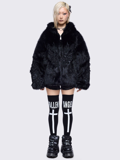Black faux fur hoodie jacket with sigilism patches on front and sleeves