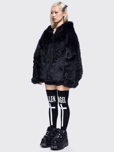 Black faux fur hoodie jacket with sigilism patches on front and sleeves