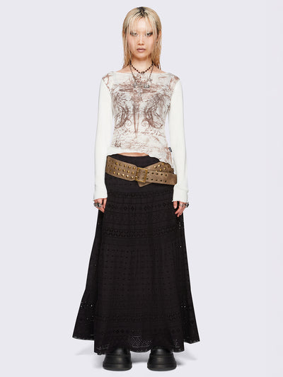 Black ruffle lace tiered maxi skirt - Fairycore & Boho Style. 