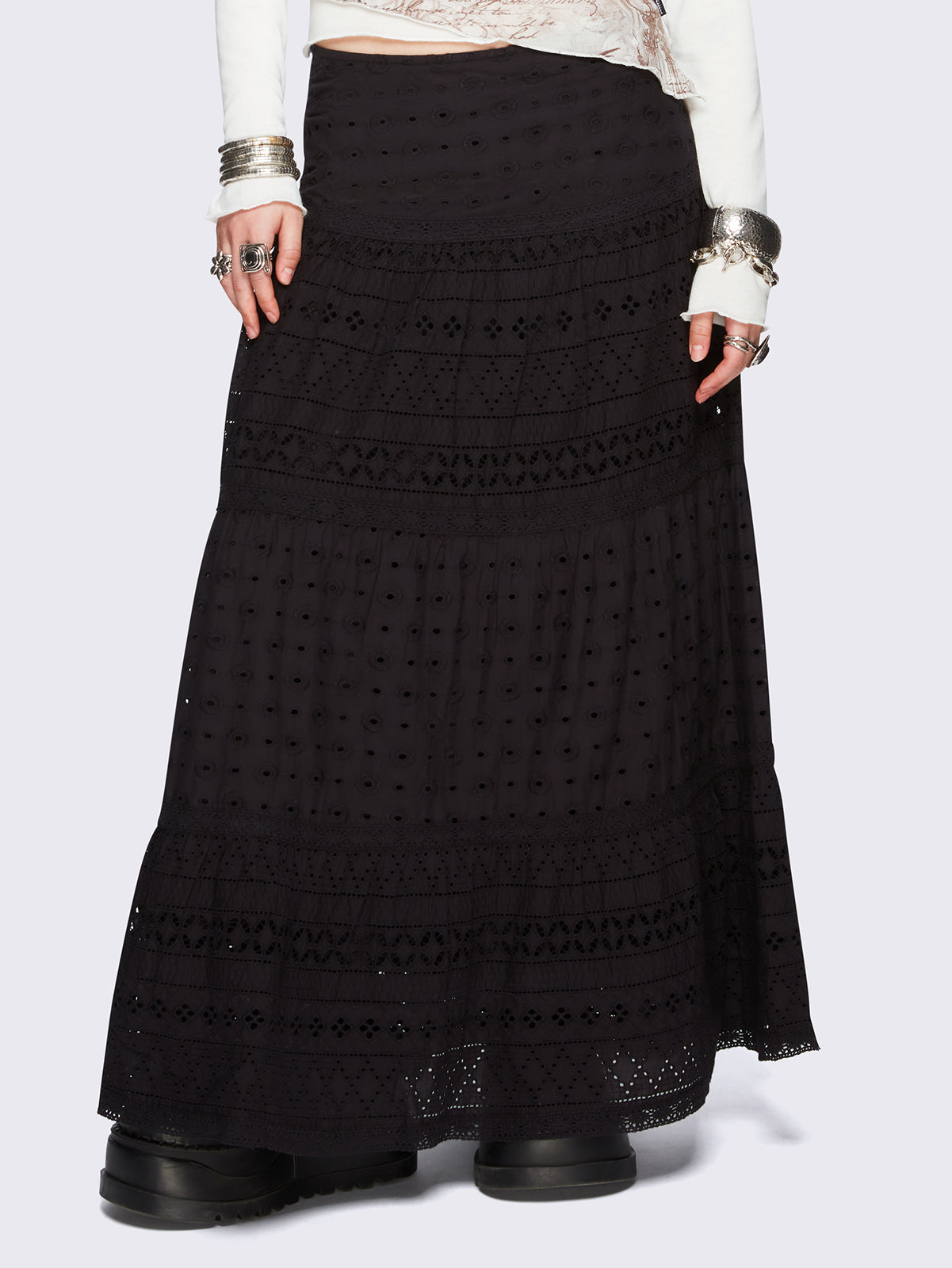 Black ruffle lace tiered maxi skirt - Fairycore & Boho Style. 