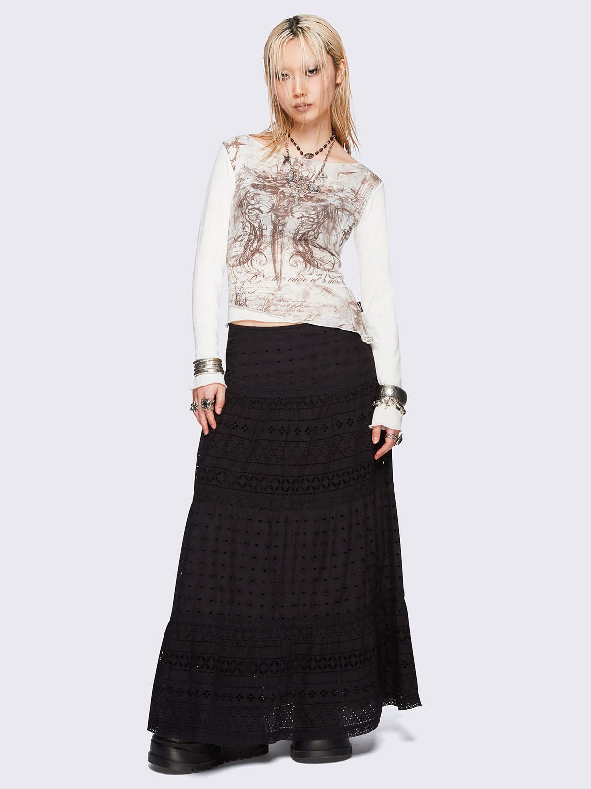 Black ruffle lace tiered maxi skirt - Fairycore & Boho Style. 