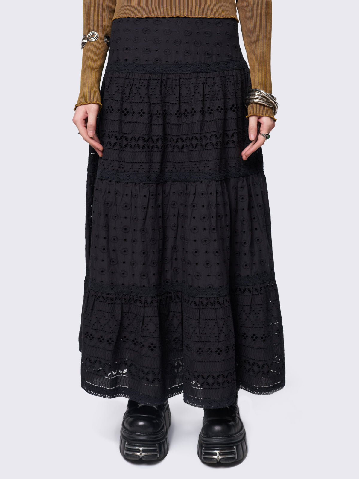 Black Ruffle Lace Tiered Maxi Skirt - Fairycore & Boho Style.