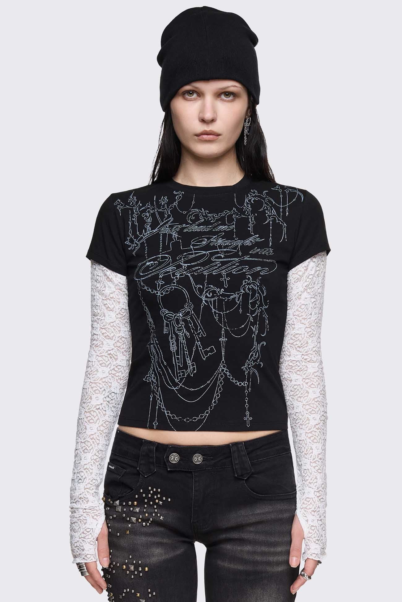 Black cotton baby tee with white lace sleeves, graphic print and thumbhole cuffs in a grunge layered style.