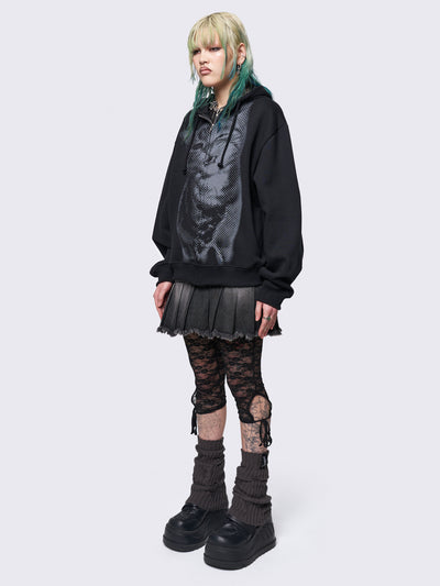 Zip up hoodie jacket in black with pixel kitty graphic front print.