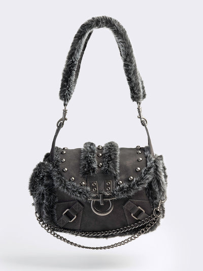Black vegan shoulder bag with black and grey faux frosted fur and silver stud and hardware details 