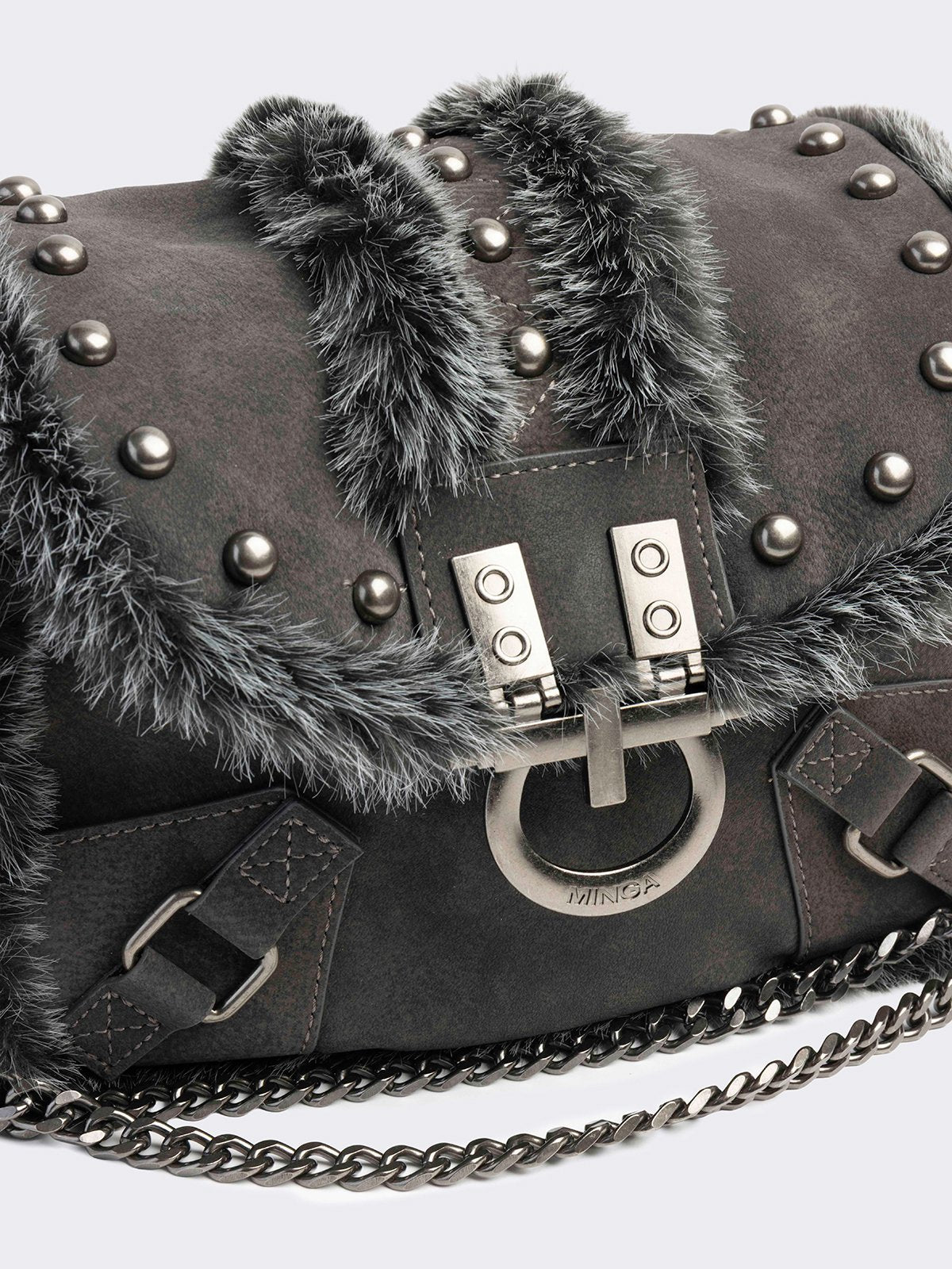 Black vegan shoulder bag with black and grey faux frosted fur and silver stud and hardware details 