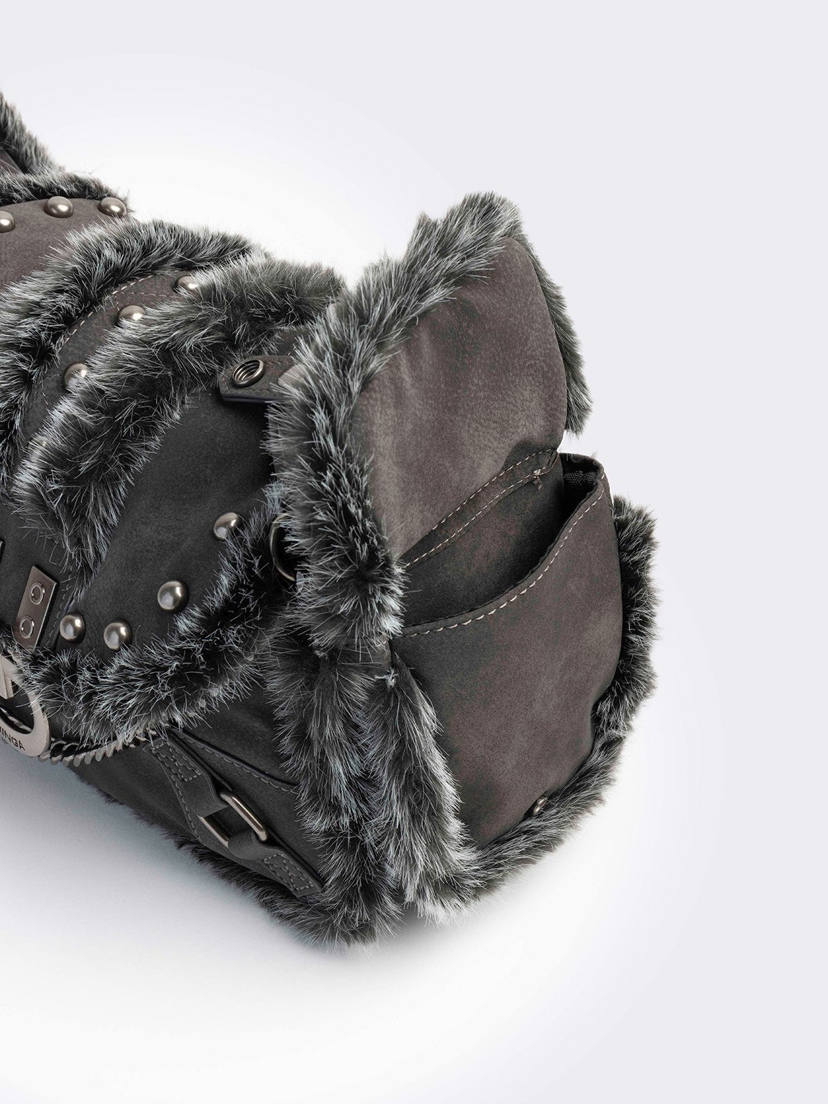 Black vegan shoulder bag with black and grey faux frosted fur and silver stud and hardware details 