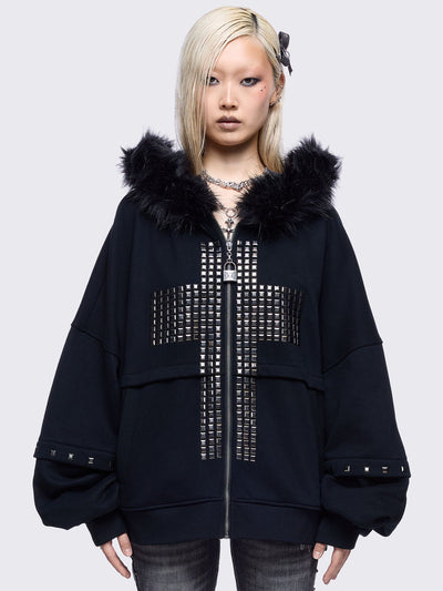 Black zip up hoodie jacket with faux fur hood with silver studded cross.