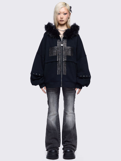 Black zip up hoodie jacket with faux fur hood with silver studded cross.