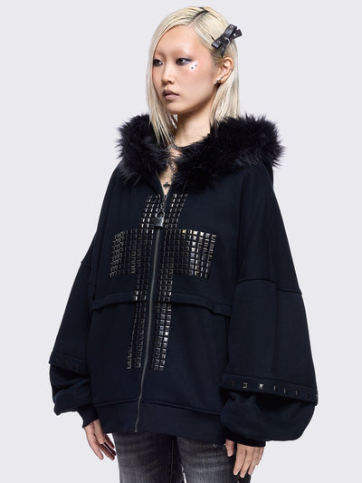 Black zip up hoodie jacket with faux fur hood with silver studded cross.